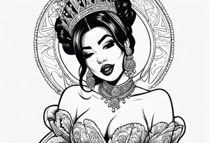 Latina Queen ahegao, tongue out drooling, happy, whitespace hentai tattoo idea