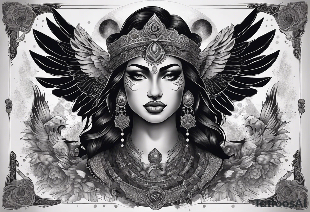 black kali, goddess pirate, alien, angel, pachamama, valkrye, warrior, flying, skull, lotus azul, wing, eagle, zenza resonance, stars, 5D, anahata chakra, death, durga, riding on a tiger, flying lady, kundalini, chest tatoo, samuri, rebel,serpent tattoo idea