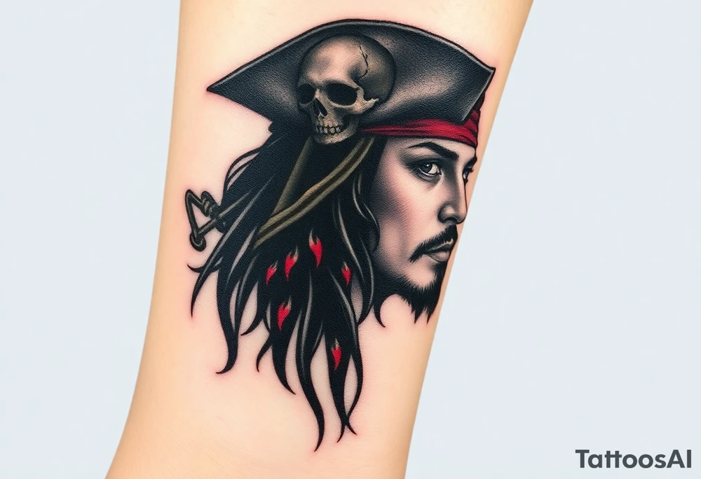 A side-profile portrait of Jack Sparrow with a shadowy skull in the background, symbolizing his connection to death and the supernatural, shaded in grayscale with faint red and gold highlights tattoo idea