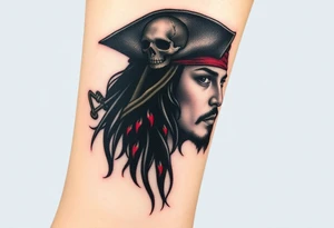 A side-profile portrait of Jack Sparrow with a shadowy skull in the background, symbolizing his connection to death and the supernatural, shaded in grayscale with faint red and gold highlights tattoo idea