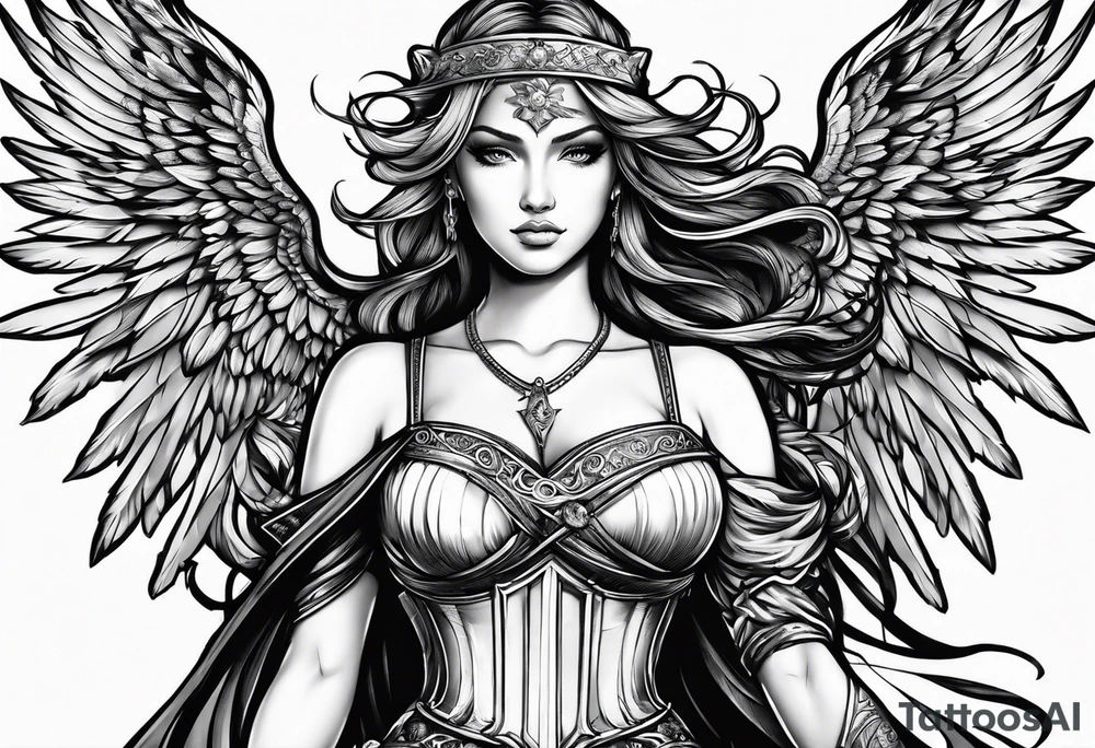 Female angel with sword and beauty dominance tattoo idea