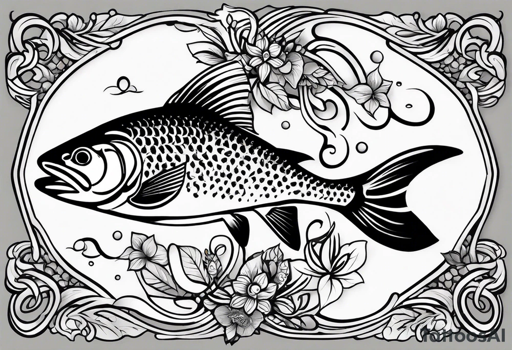 A small tattoo featuring a lovestruck trout as the main theme, drawn without lines, using only color combinations. tattoo idea