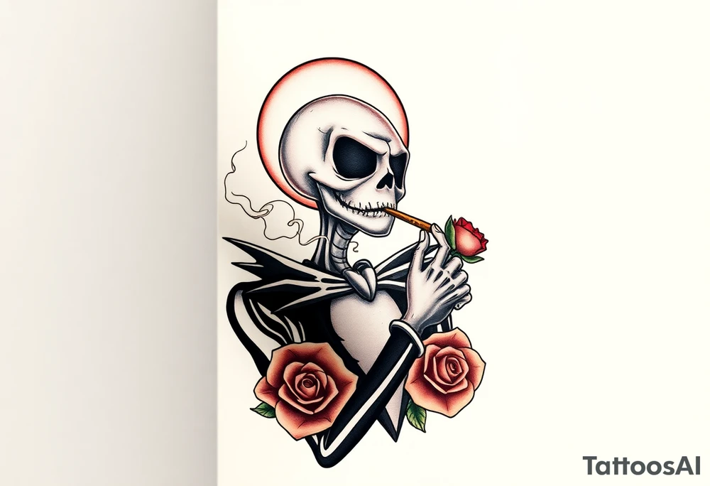 jack skellington smoking a blunt, with a halo over head, roses, jackolanters tattoo idea