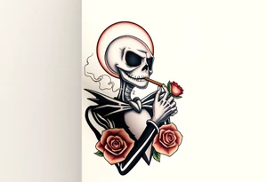 jack skellington smoking a blunt, with a halo over head, roses, jackolanters tattoo idea