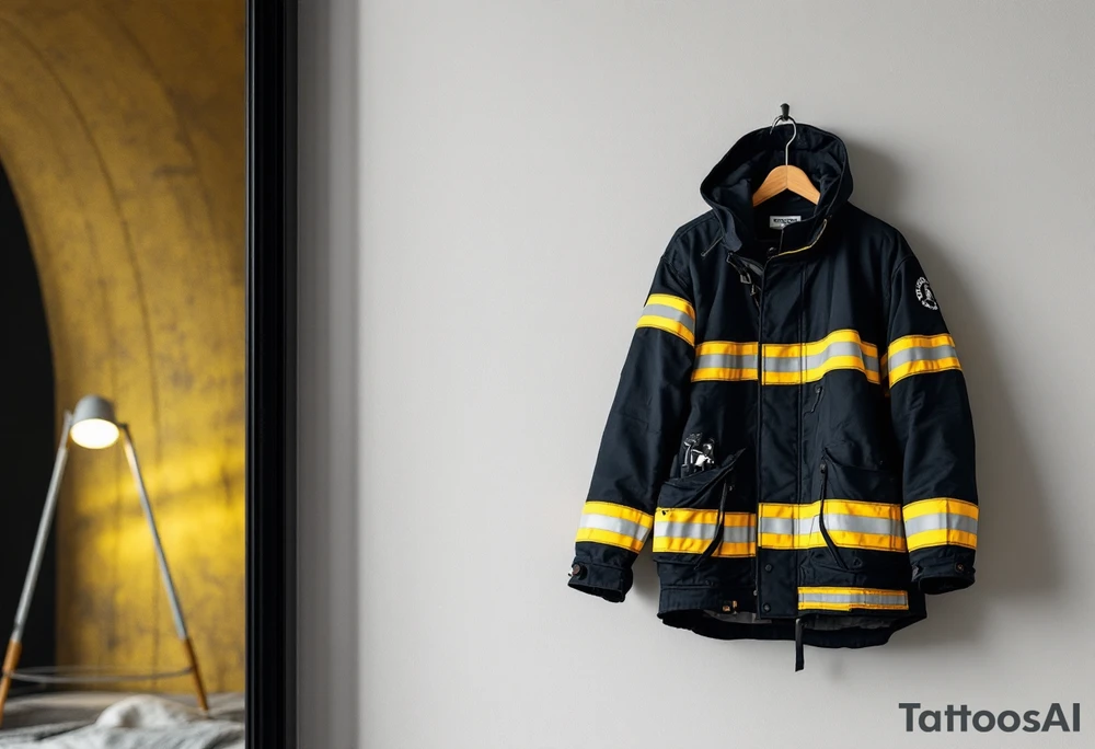 A firefighter’s turnout gear hanging on a wall, with realistic fabric textures in dark navy, contrasted by bright reflective stripes. tattoo idea