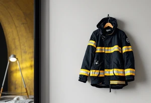 A firefighter’s turnout gear hanging on a wall, with realistic fabric textures in dark navy, contrasted by bright reflective stripes. tattoo idea