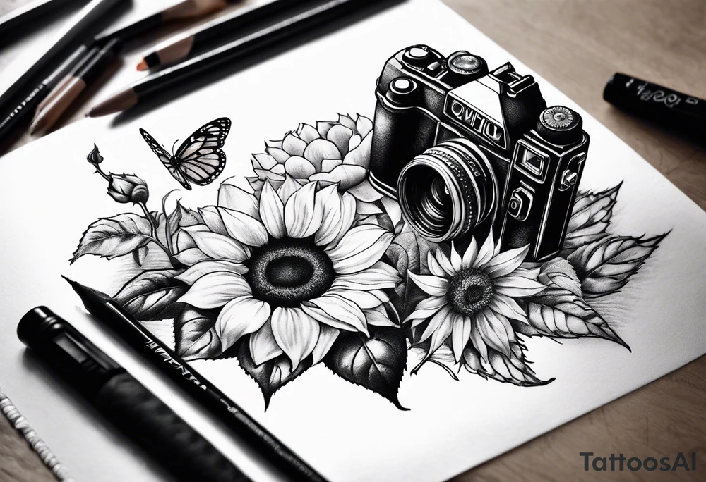 Flower : rose , sunflower, camera, small butterfly tattoo idea