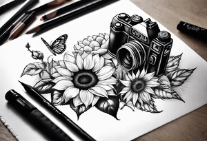 Flower : rose , sunflower, camera, small butterfly tattoo idea