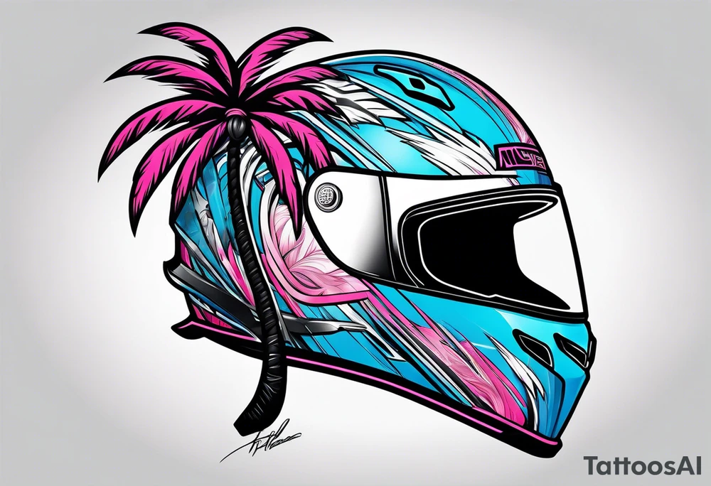 formula 1 helment with a palm tree and black light blue and pink colors tattoo idea