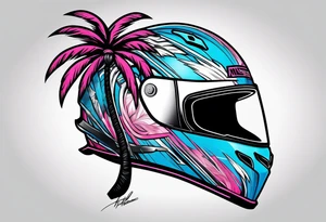 formula 1 helment with a palm tree and black light blue and pink colors tattoo idea