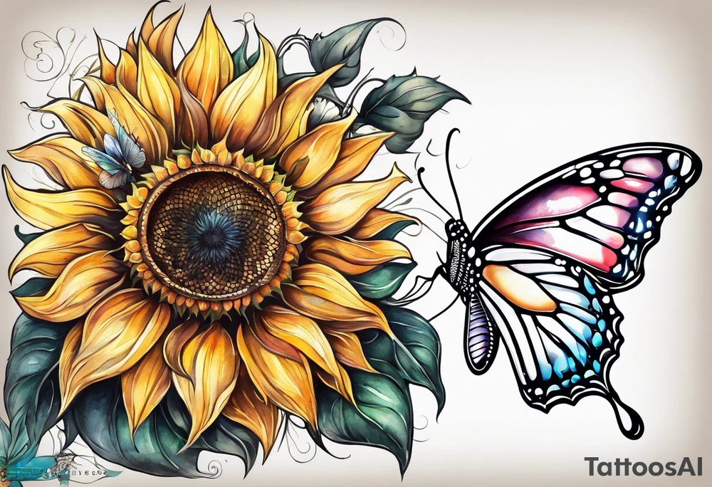 Sunflower with butterfly half leg sleeve tattoo idea