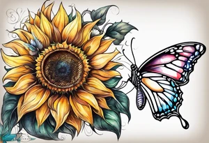 Sunflower with butterfly half leg sleeve tattoo idea
