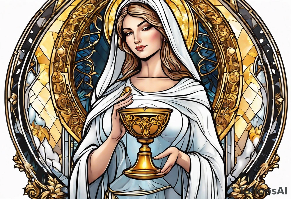 woman saint holding chalice surrounded by golden halo with a tower tattoo idea