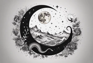 Snake wrapping around the moon phases and hades and persphone constellations with wind and snow blowing around it tattoo idea