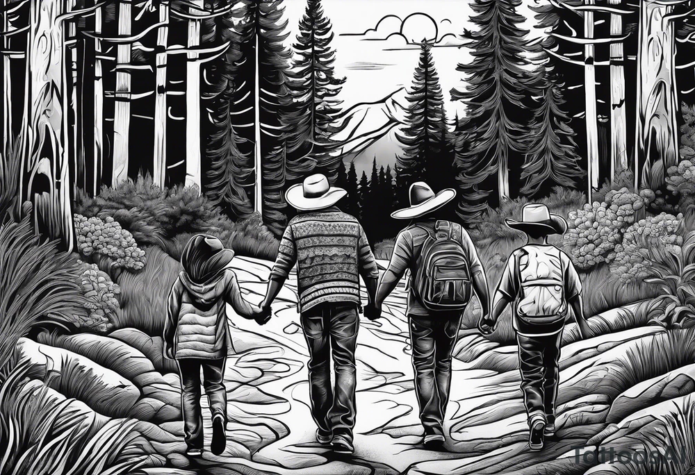 A family of four walking through the Pacific Northwest Forrest. Mexican art. Trust in God tattoo idea