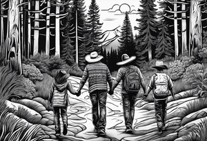 A family of four walking through the Pacific Northwest Forrest. Mexican art. Trust in God tattoo idea