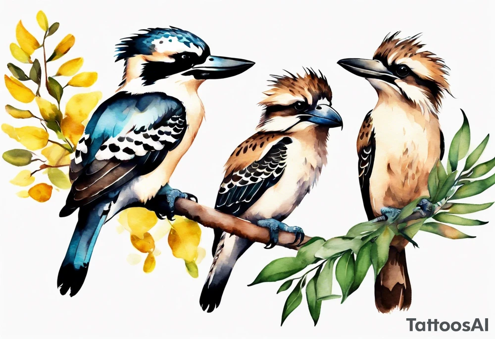 Small kookaburra sitting on wattle leaves tattoo idea