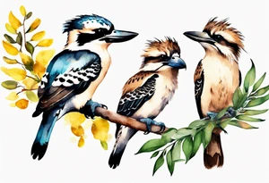 Small kookaburra sitting on wattle leaves tattoo idea