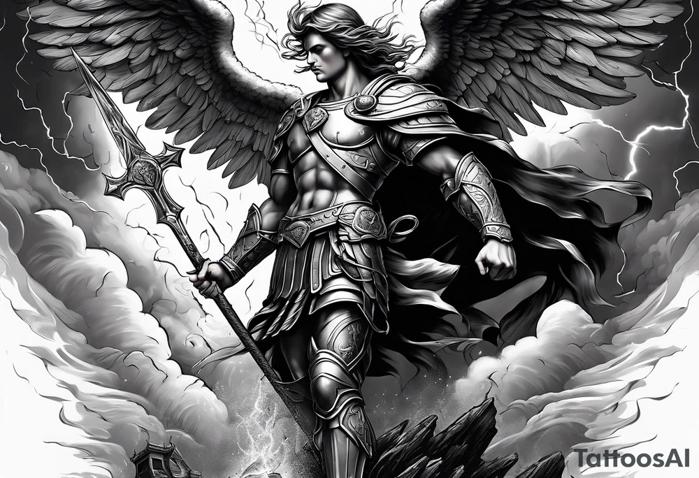 Saint Michael standing on the devil with stormy rain clouds lightning full sleeve tattoo idea Saint Michael standing on the devil with stormy rain clouds lightning full sleeve tattoo idea