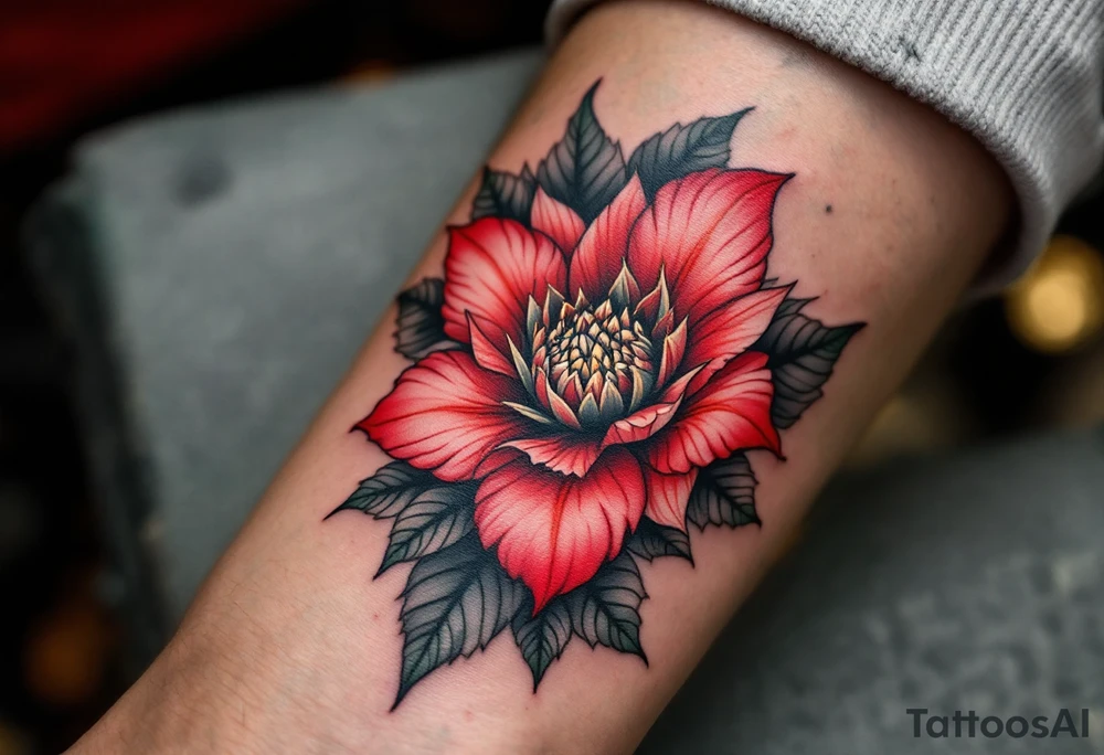 red  and black rhododendron trippy with mandala behind tattoo idea