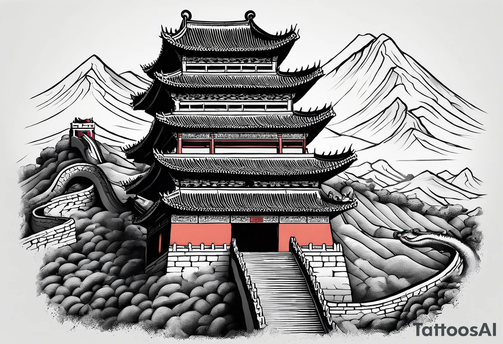 Rat behind Tiger and Snake on the great Wall of China with Temple tattoo idea
