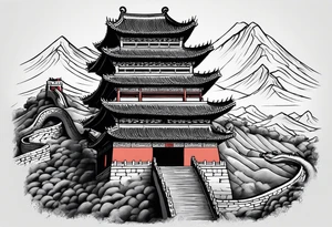 Rat behind Tiger and Snake on the great Wall of China with Temple tattoo idea
