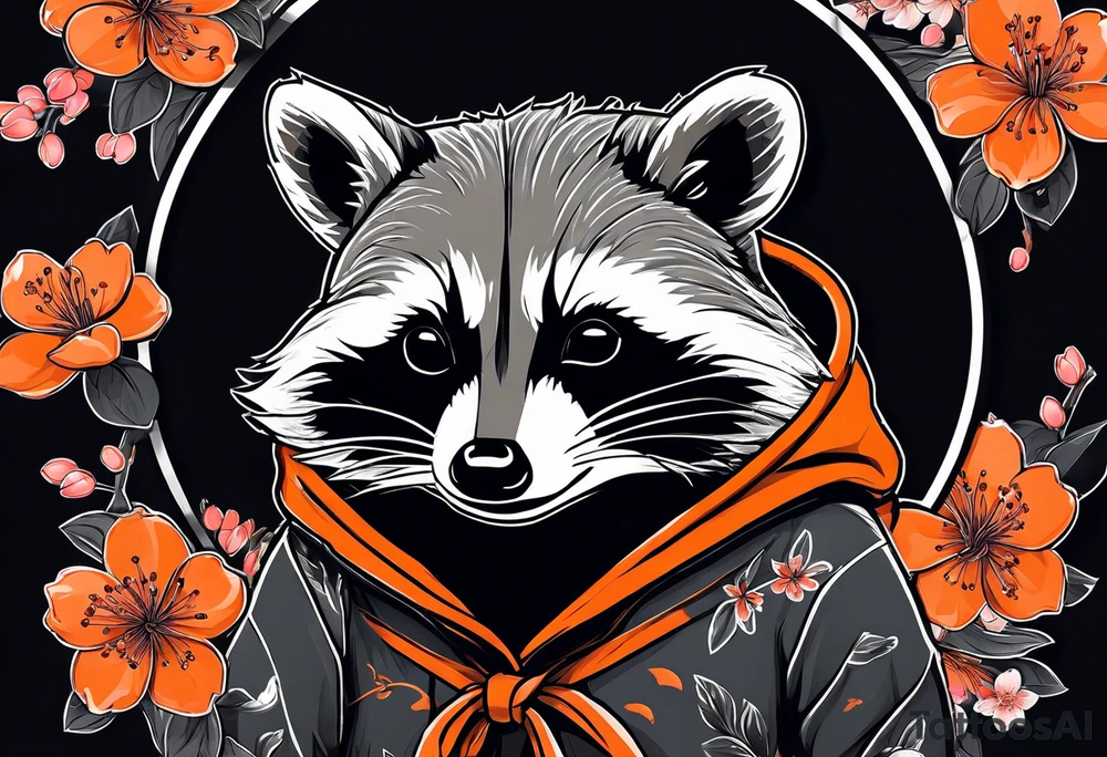Raccoon wearing a white Superman logo on a black hoodie and orange Japanese cherry blossoms beside tattoo idea