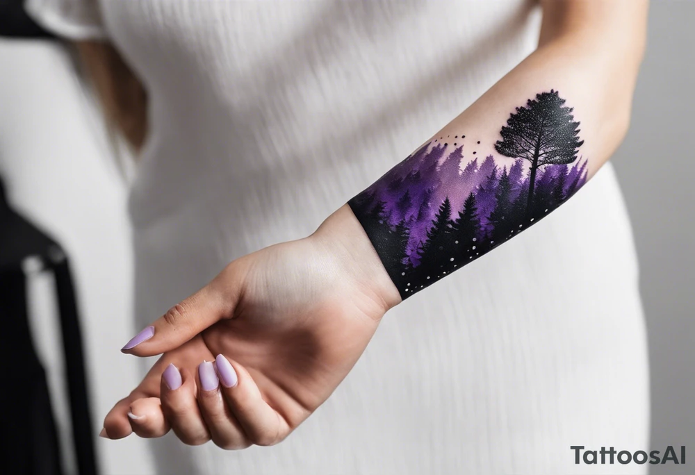 forest, abstract, on hand, no people, purple and black, full, whole wrist wrapped, filled tattoo idea