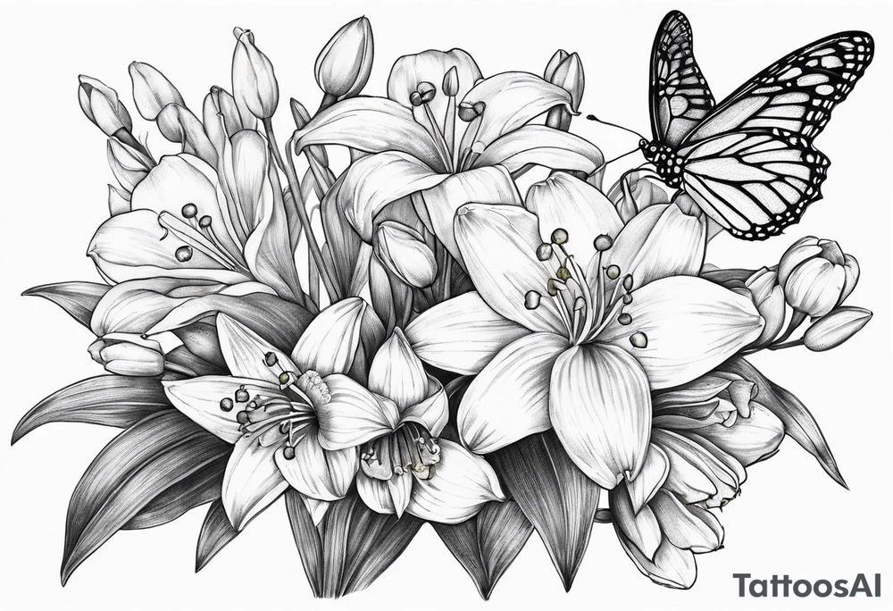 Fine line
lily of the valley, daisy and daffodil bouquet with butterfly 6-8 inches bi tattoo idea