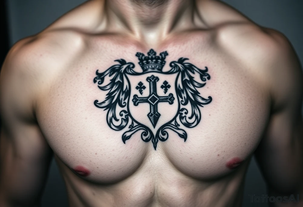 Powerful, majestic and dark Irish family crest for a full chest tattoo tattoo idea