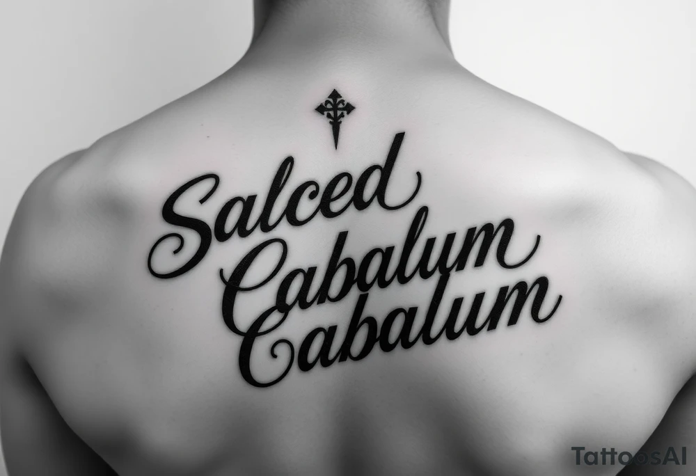 Script tattoo, LA Chicano style, style like alecki ramos the tattoo artist, I need it to say both my last names - Salcedo - Cabalum. One on top of the other. I need it to spread across the top half of my back, touching the top of shoulder blades. tattoo idea