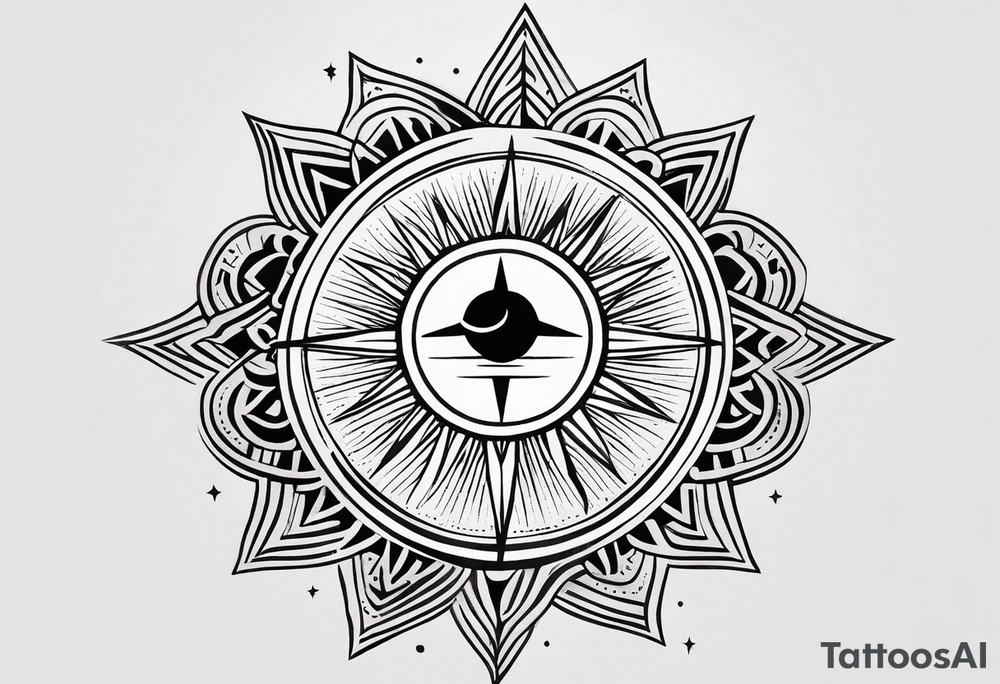 a mixture of minimalist/fine line/tribal tattoo design that is mainly minimalist with fine lines. unique Design of the sun that resembles a connection to the sun. It further resembles the sun's energy. Make it simple to draw and focus on the rays of sunshine
unique shape tattoo idea
