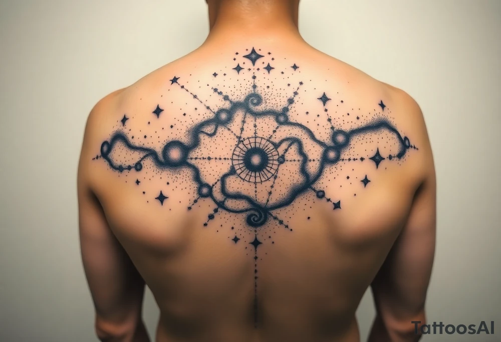 Beautiful and epic 3d milky way that appears to be what is beneath the skin. Make it drape over the shoulder and move to the middle back. use negative spaces to create stars and dust. Incorporate God breathing life into the universe. Keep it symmetrical tattoo idea
