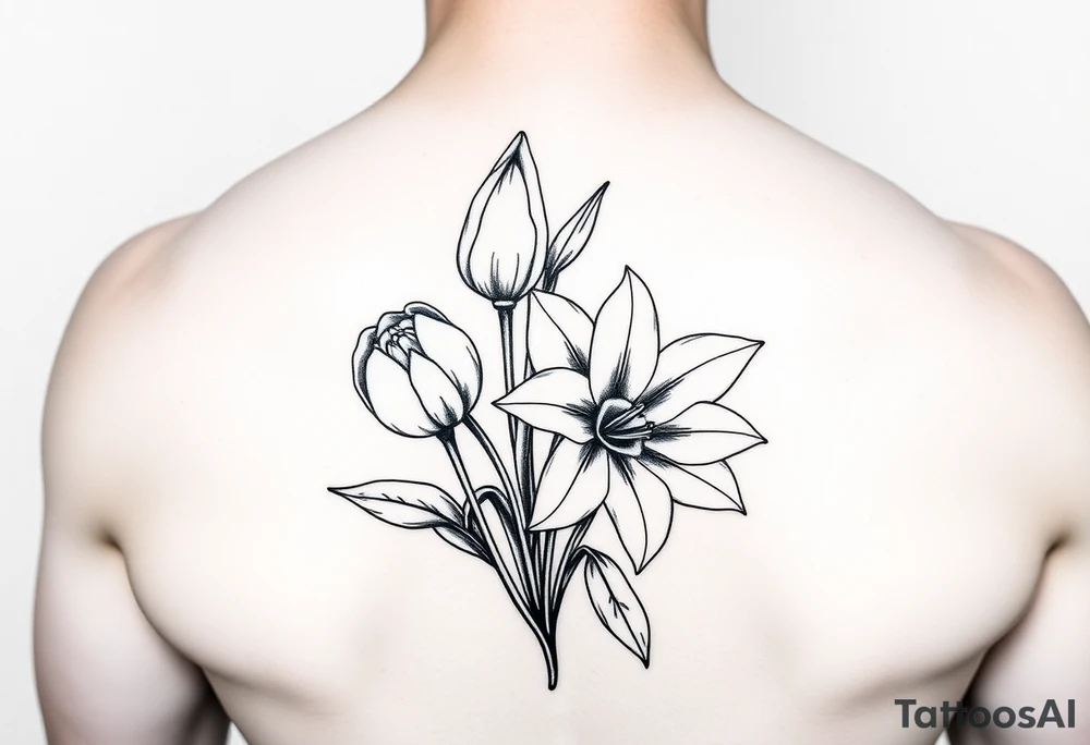 tulips, lily and daffodil clustered together tattoo idea