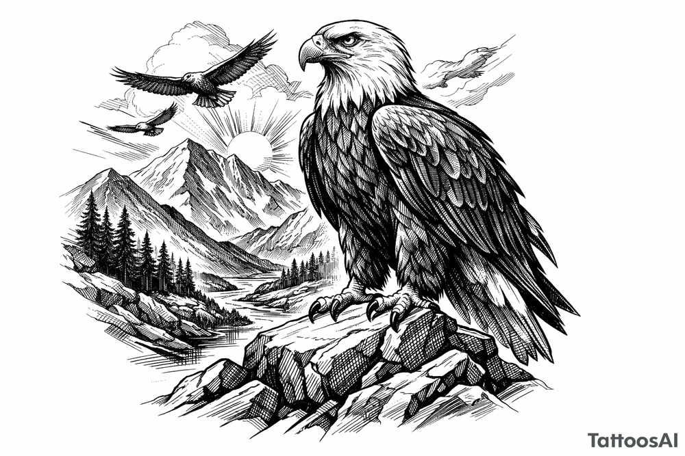 an eagle standing on a rock,landscape. tattoo idea