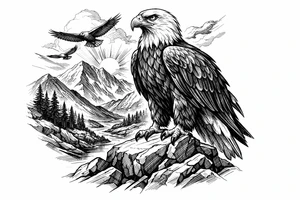 an eagle standing on a rock,landscape. tattoo idea