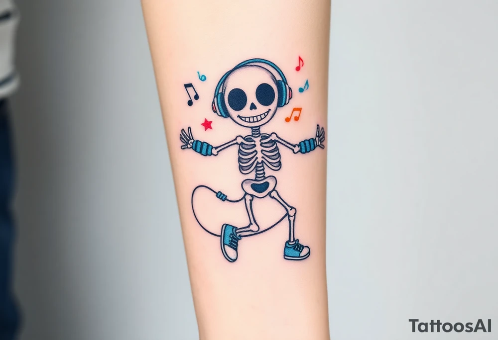 Cute smiley skeleton with love shape in his eyes jumping on a jump rope with blue headphones blue armbands blue sneakers and colorful  music notes around his head tattoo idea
