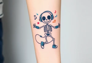 Cute smiley skeleton with love shape in his eyes jumping on a jump rope with blue headphones blue armbands blue sneakers and colorful  music notes around his head tattoo idea