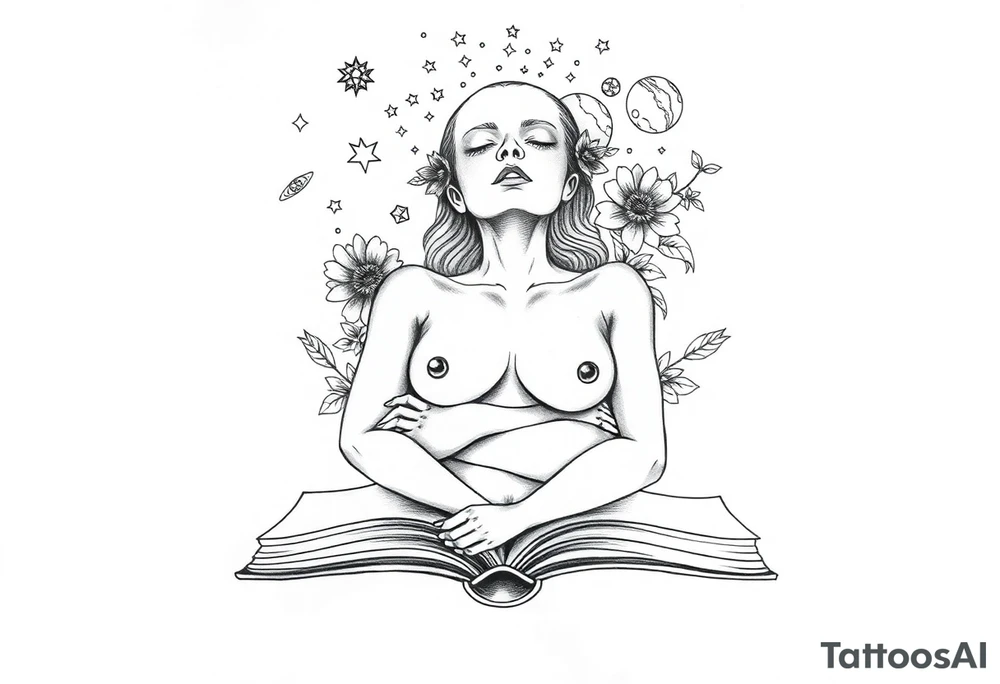 line art drawing of a womans torso coming from an open book. with stars, flowers and planets coming from her head above her nose with no facial features. her arms are crossed onto her shoulders,. tattoo idea