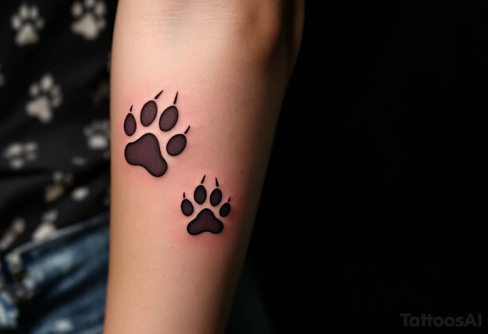 Negative Space Paw Prints – Skin-tone cutouts in a dark shaded background, creating the illusion of paw prints through light and shadow contrast. tattoo idea