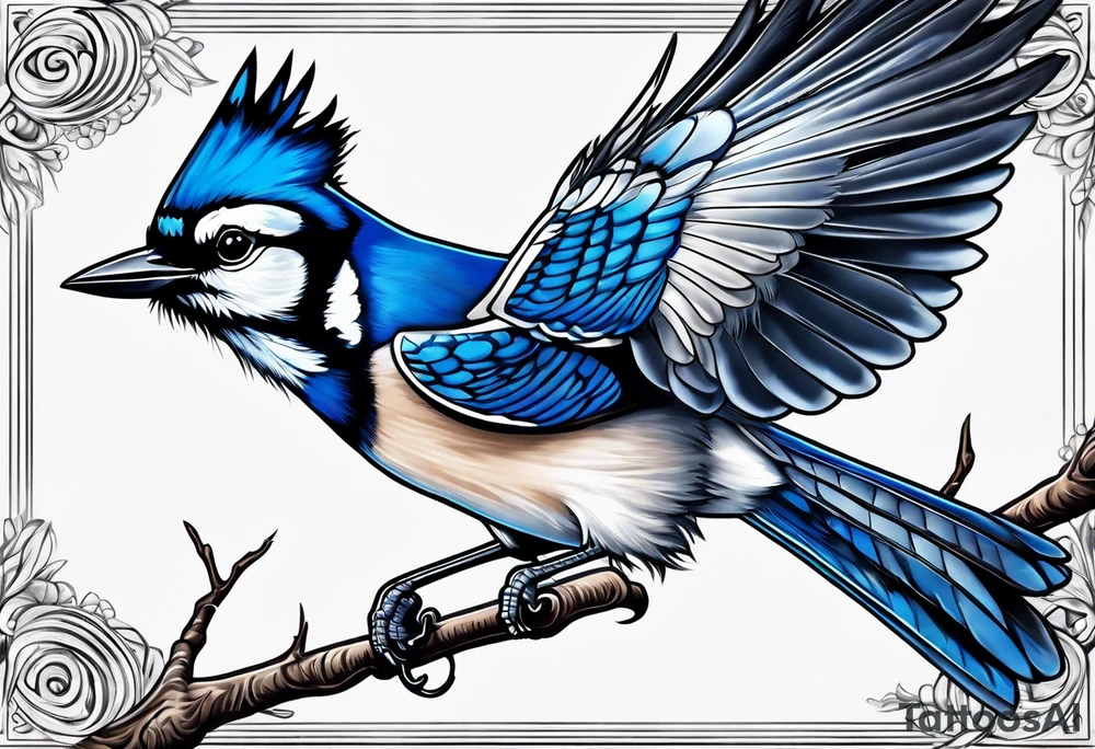 Strong blue jay bird in flight head down tattoo idea