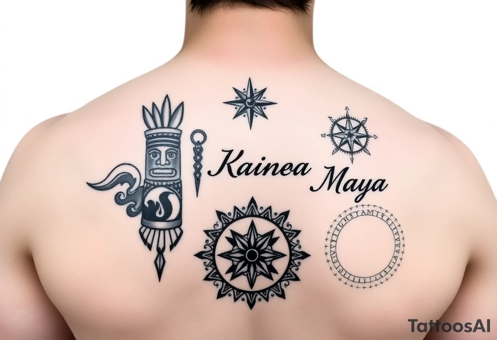 Polynesian symbols of waves, spearheads and tiki, scandanvian compass, igbo patterns symbolizing resilience, Native American circle representing wholeness. The names Lainey, Kainoa and Maya tattoo idea