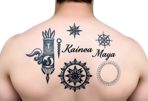 Polynesian symbols of waves, spearheads and tiki, scandanvian compass, igbo patterns symbolizing resilience, Native American circle representing wholeness. The names Lainey, Kainoa and Maya tattoo idea