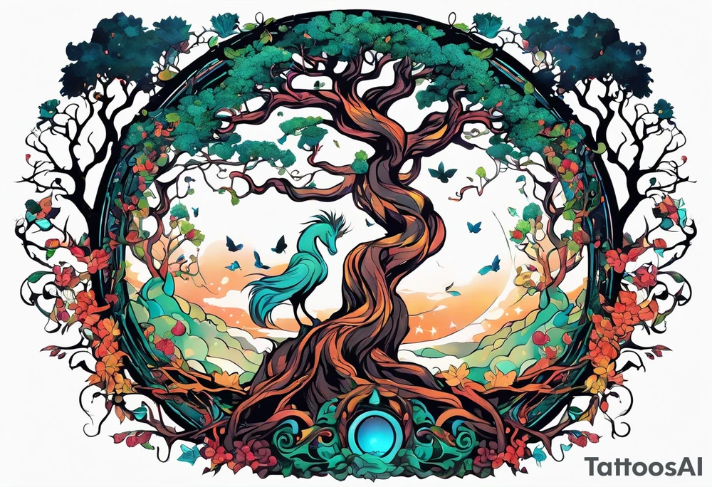 The deity Pan is entwined in a tree which is a portal in a other world tattoo idea