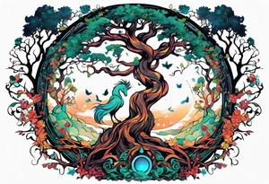 The deity Pan is entwined in a tree which is a portal in a other world tattoo idea