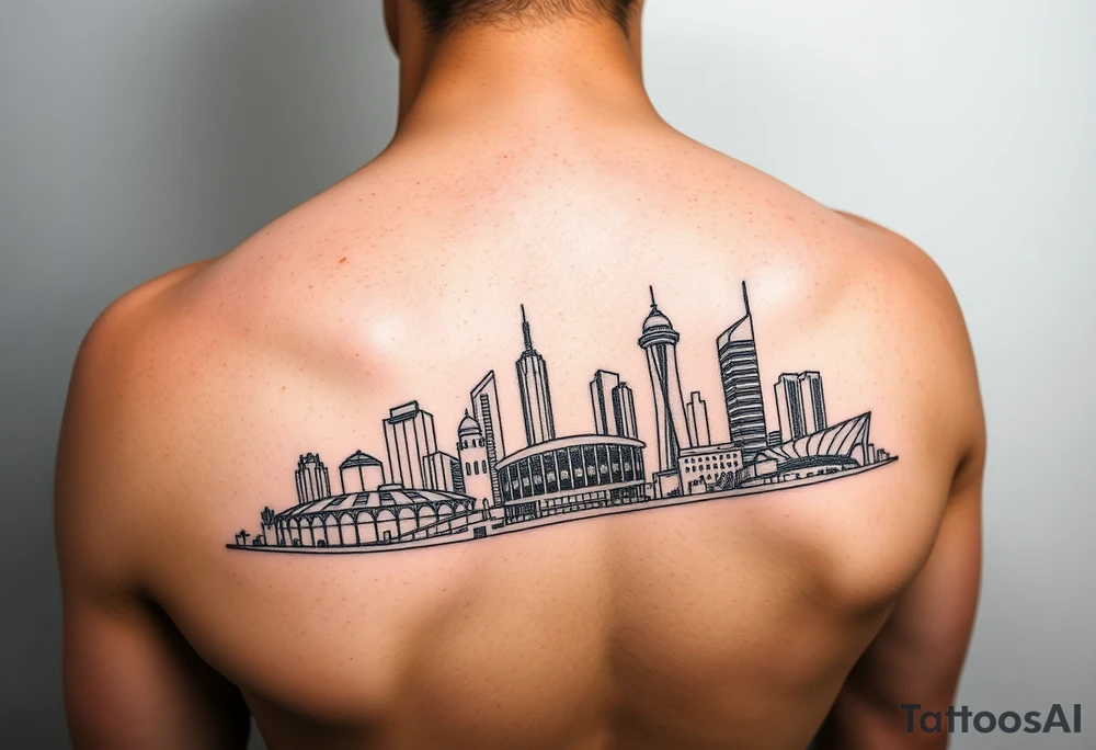Generate a grey thin lined tattoo of Melbourne city skyline including the MCG and Melbourne's nature and make it clear with MCG tattoo idea
