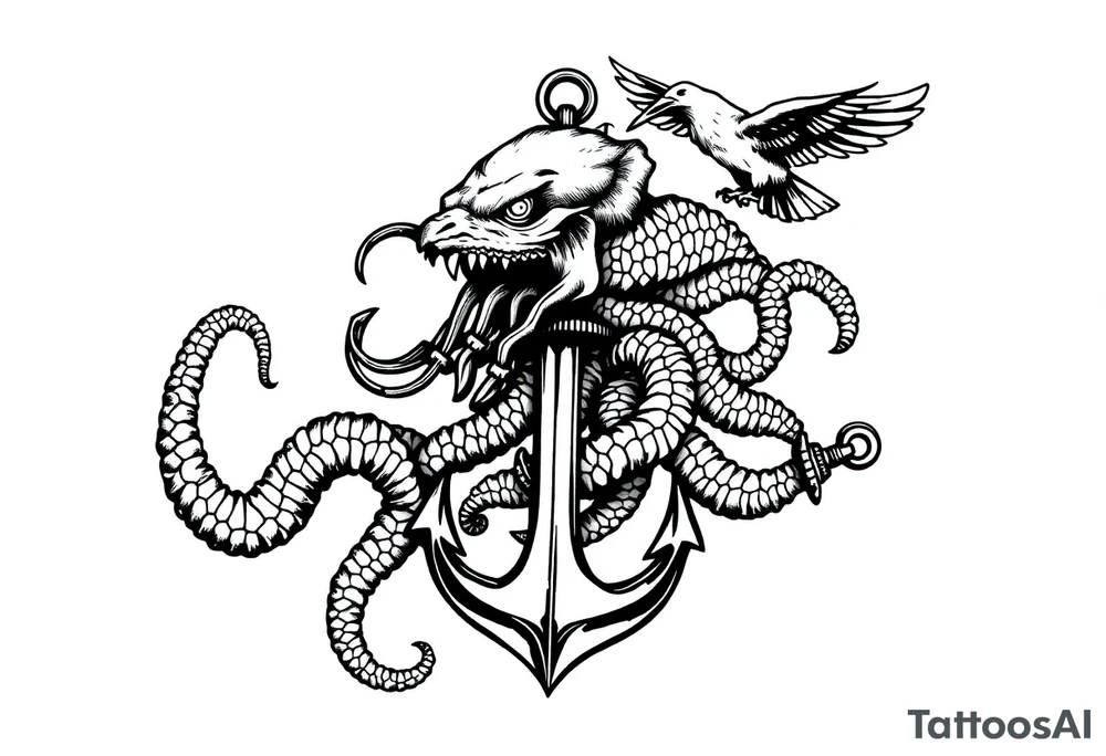 kraken, sailor, anchor, sea, bird concept art tattoo idea