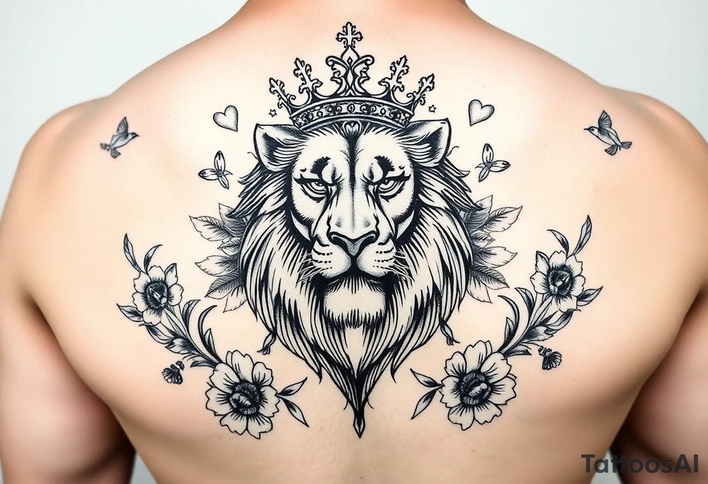 powerful majestic lion with a crown, surrounded by floral ornaments and birds tattoo idea