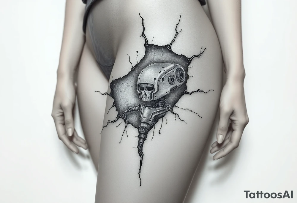 A big slash wound revealing a robotic inner thigh under the skin tattoo idea