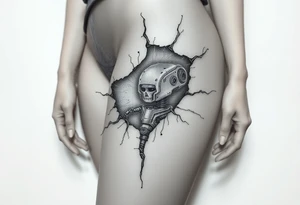 A big slash wound revealing a robotic inner thigh under the skin tattoo idea